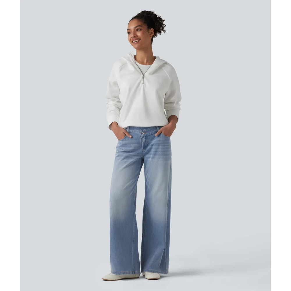 Halara Flex Asymmetric Low Rise Baggy Wide Leg Washed Casual Jeans Med Tall